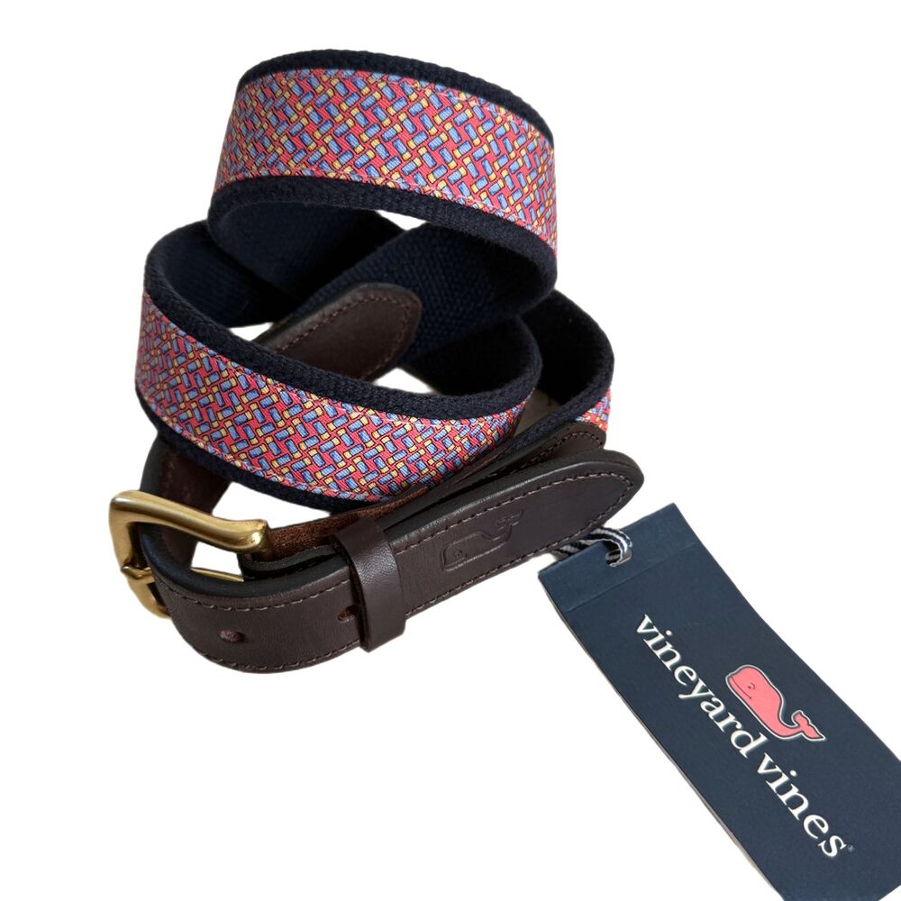Vineyard Vines NEW Shotgun Shell Geo Fabric Belt Leather Ends Size 36 NWT